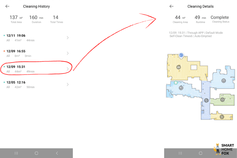 Statistiken zu vergangenen Reinigungsläufen werden in der Dreamehome App angezeigt.